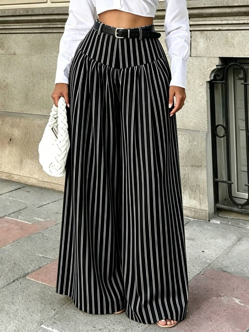 Black Casual Women's French Style Drapey Striped Wide Leg Long Pants - Picture 4 of 7